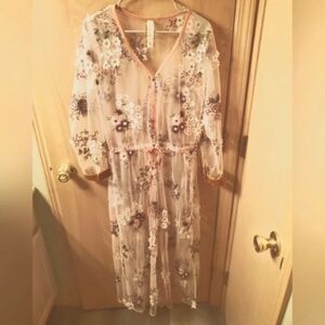 Arratta Silent Gourney, Size M, Floral Embroidered Sheer Dress - Pink and White